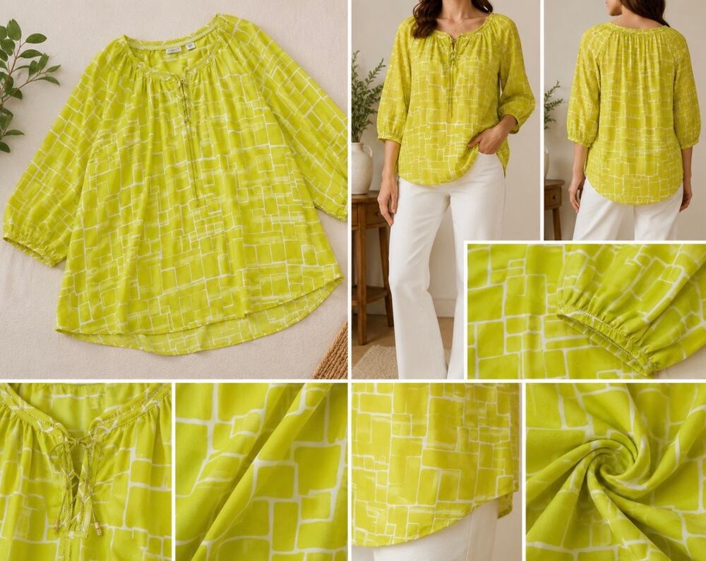 Cato Woman 22/24W Lime Green Geometric Peasant Blouse 3/4 Sleeve